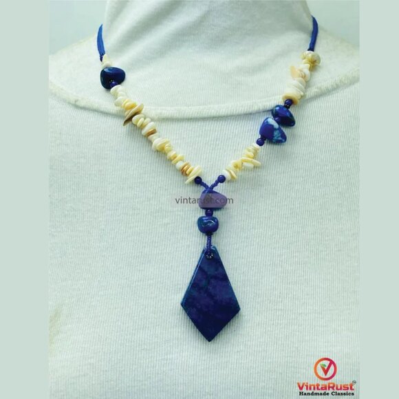 Lapis Lazuli Beaded Necklace With Pendant, Lapis Lazuli Gemstone Stone Jewelry, - Picture 1 of 8